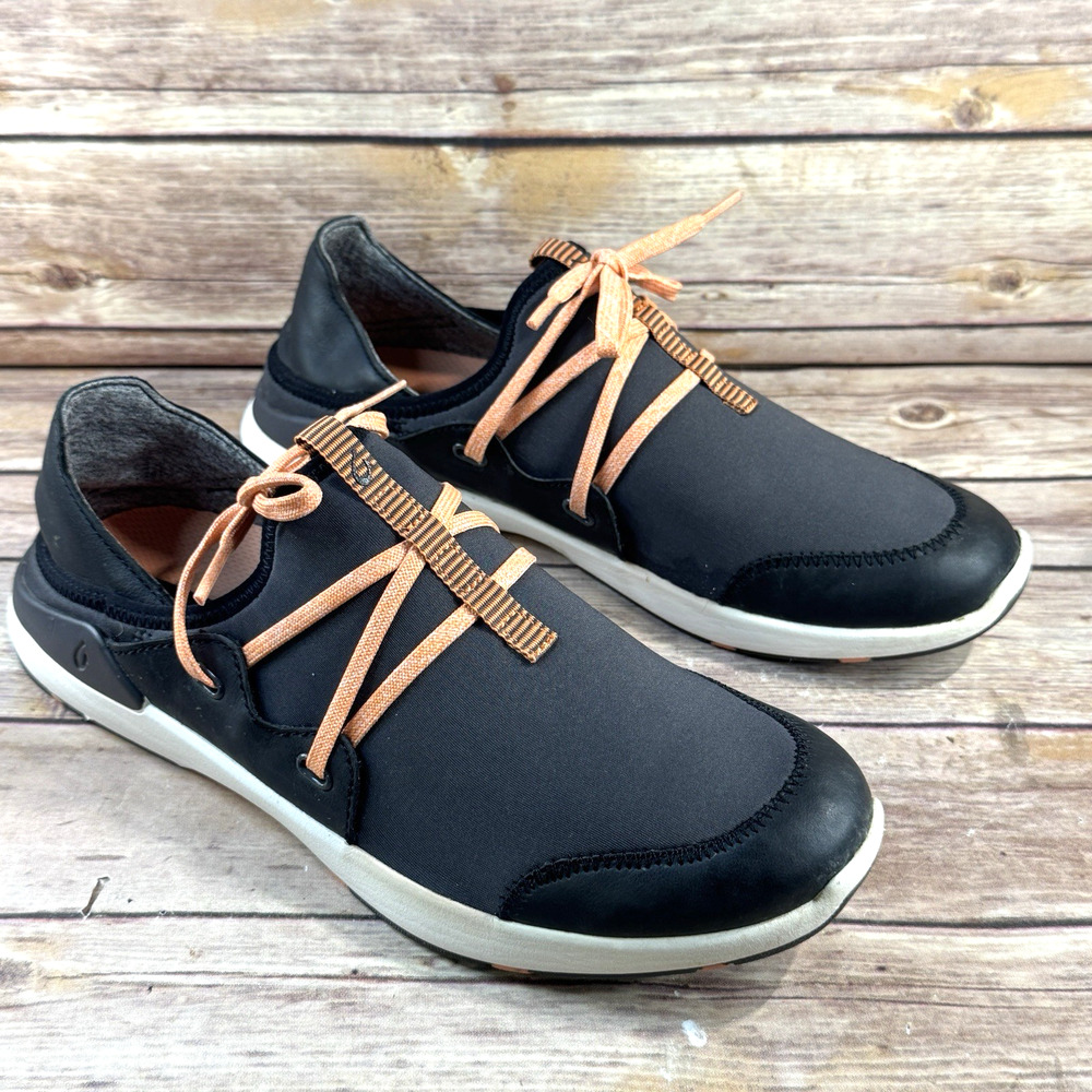 Olukai Womens Black Miki Li Slip On Sneakers with Orange Laces 9.5